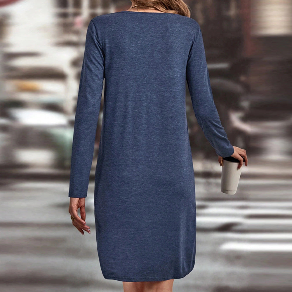 Damen lässiges V-Ausschnitt Kleid mit langen Ärmeln und Taschen Drune