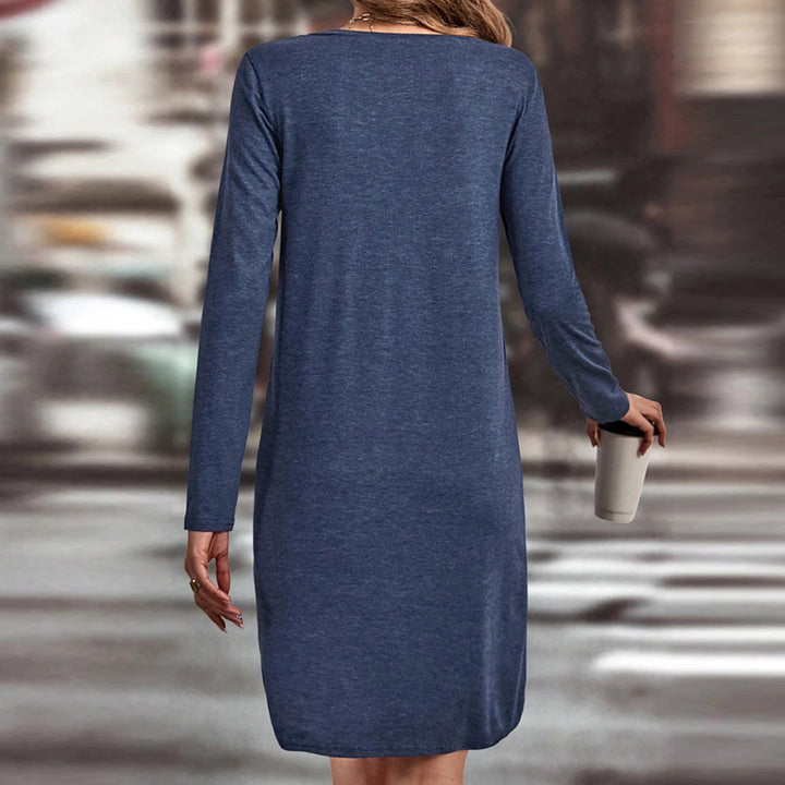 Damen lässiges V-Ausschnitt Kleid mit langen Ärmeln und Taschen Drune