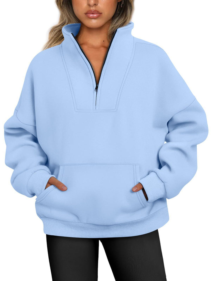 Damen lässiger Pullover mit hohem Kragen und praktischer Kängurutasche Drune