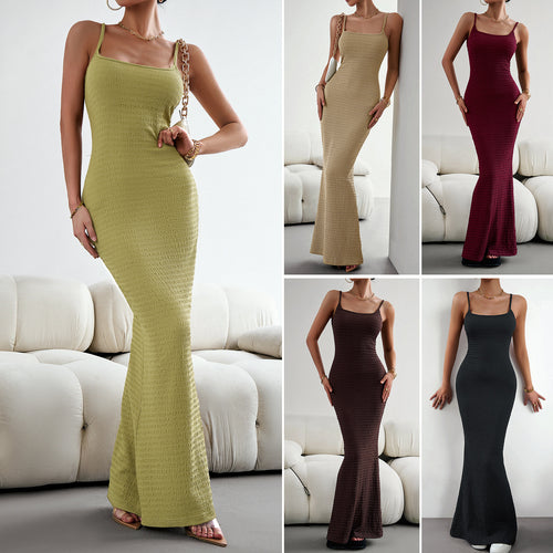Damen figurbetontes Maxikleid mit schmalem Schnitt und Trägerdetails Drune