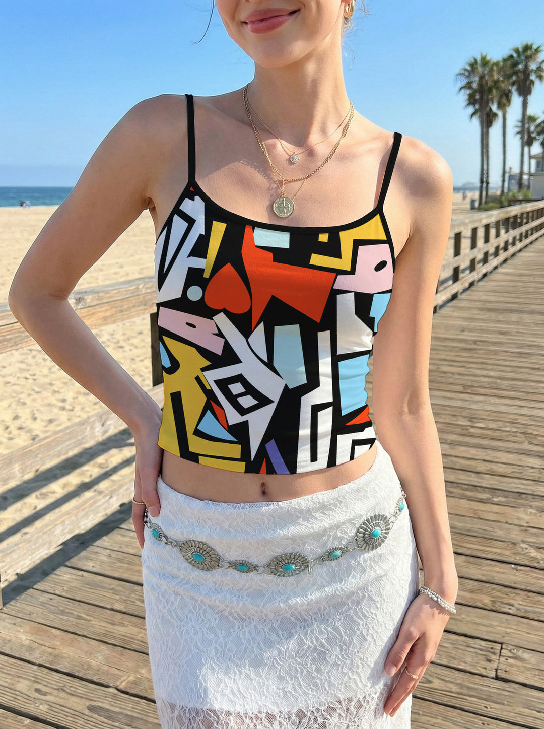 Damen Crop-Top mit floralem Motiv und verstellbaren Trägern Drune