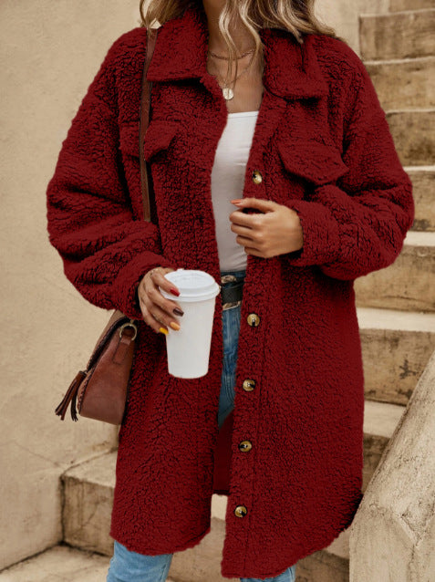 Drune | Damen LangeJacke – Plüsch-Fleece – Oversized Fit – Breiter Revers – Knopfverschluss