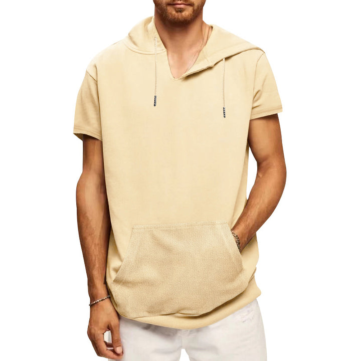 Herren nan lässiges kurzärmeliges Kapuzen-Shirt im weiten Schnitt mit Kängurutasche und Kordelzug Drune