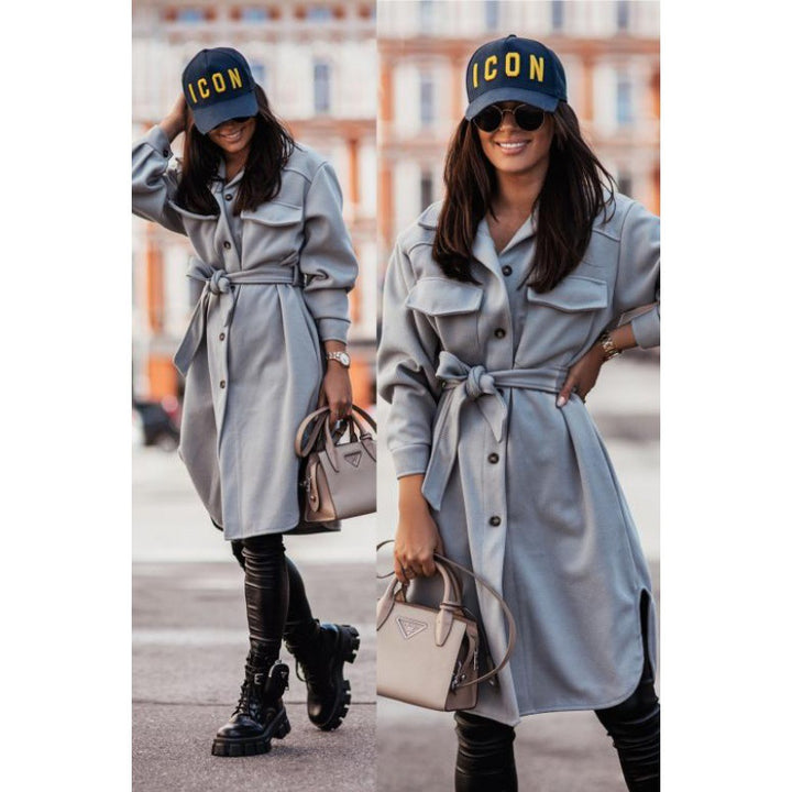 Damen Oversized Hemdblusenkleid mit modischem Gürtel und Taschen Drune