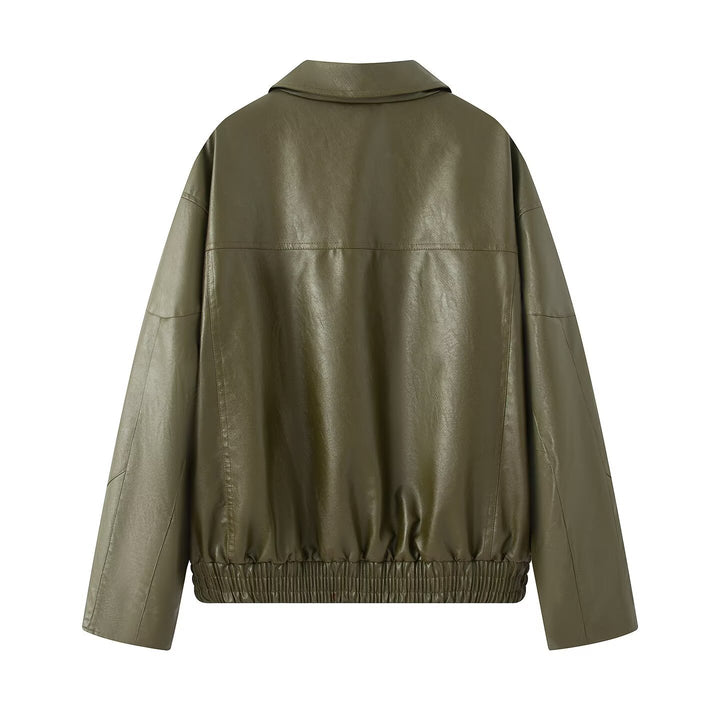 Damen elegante Kunstlederjacke mit praktischen Reißverschluss-Taschen Drune