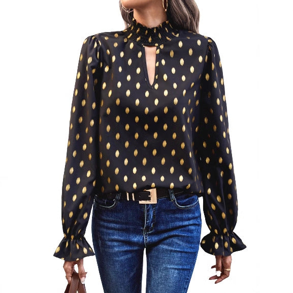 Damen elegante Bluse mit modischem Halsausschnitt und goldenen Akzenten Drune
