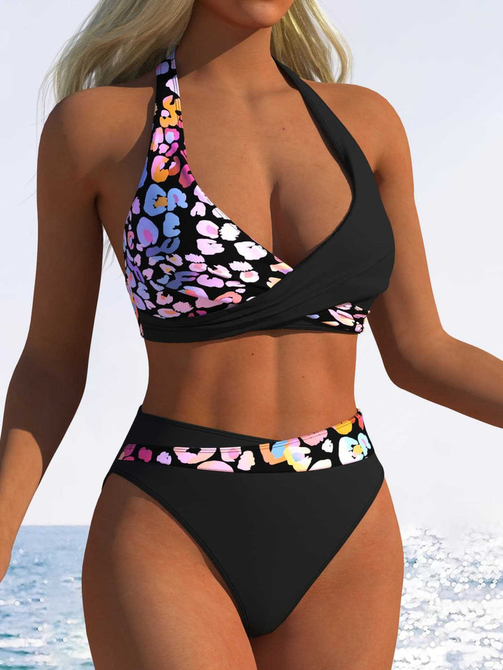 Damen Hoch geschnittenes Bikini-Set mit modischem Wickeloberteil und elastischem Bund Drune