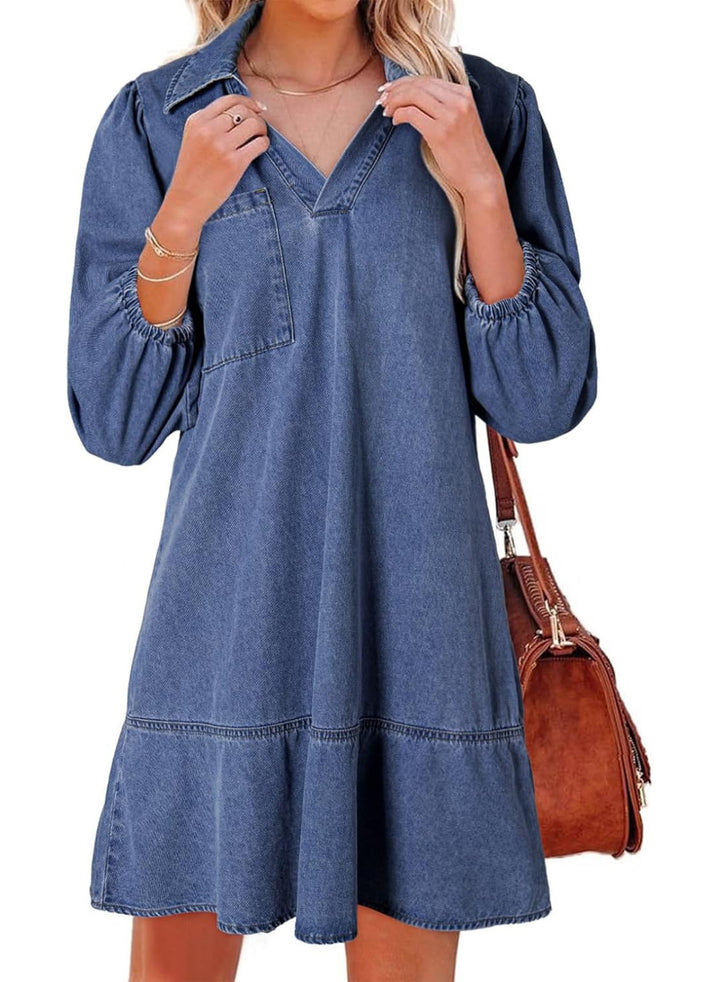 Damen Denim-Kleid mit voluminösen Ärmeln und seitlicher Tasche Drune
