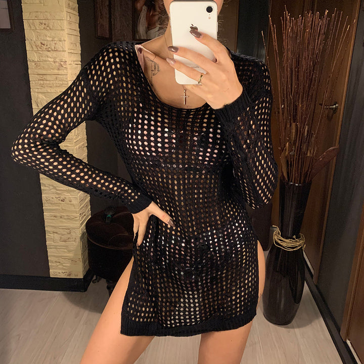 Damen gestricktes Netzkleid mit langem Arm und seitlichen Schlitzen Drune