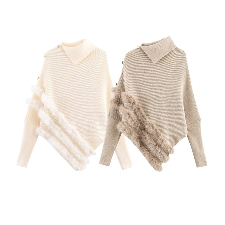 Damen Modischer Poncho mit feinem Strick und fellähnlichem Detail Drune