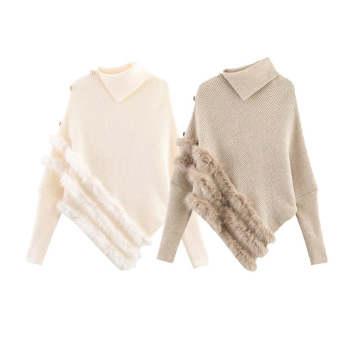 Damen Modischer Poncho mit feinem Strick und fellähnlichem Detail Drune