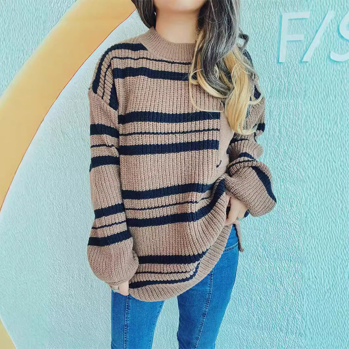 Damen lässiger Strickpullover mit modernem Streifenmuster Drune