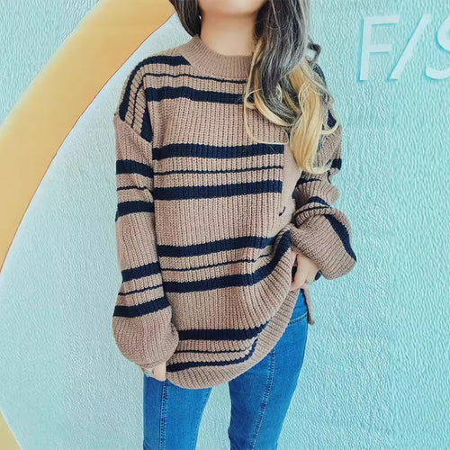 Damen lässiger Strickpullover mit modernem Streifenmuster Drune
