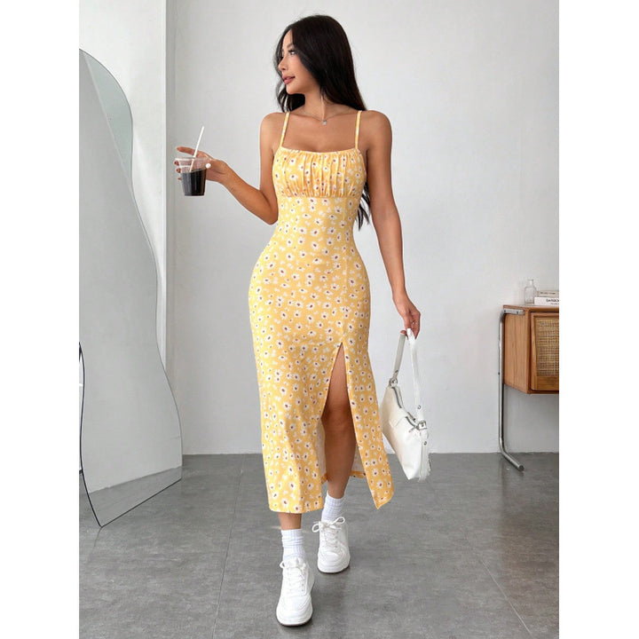 Damen Blumenkleid mit Spaghettiträgern und seitlichem Schlitz Drune