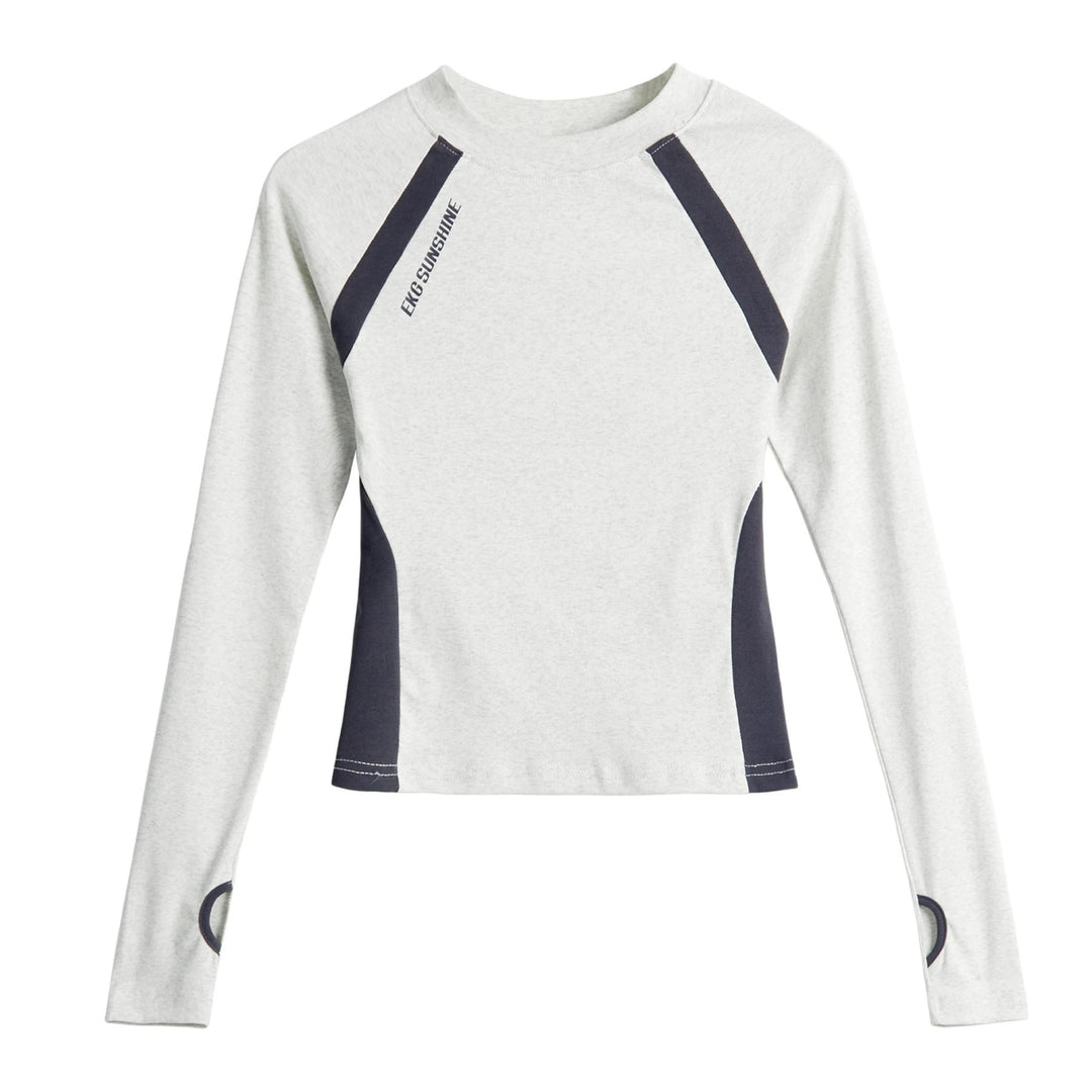 Damen Kurzarm T-Shirt Kontrast Sportlich Slim Fit Grau