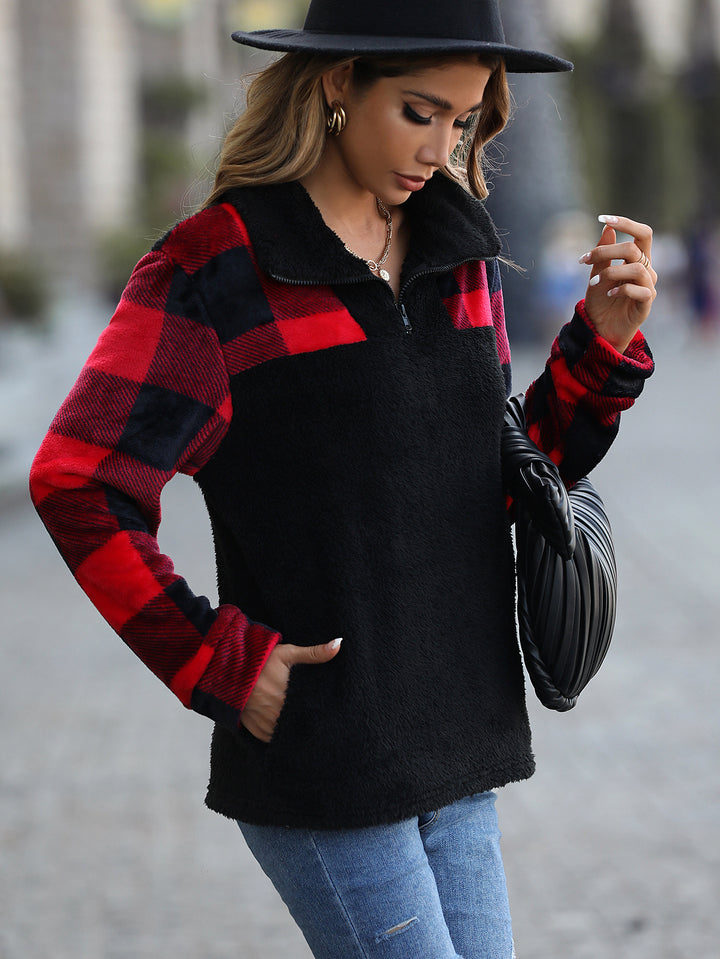Damen Plüschiger Halbreißverschluss-Pullover im Karodesign Drune