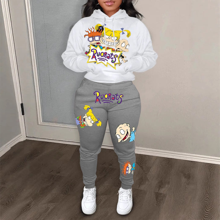 Damen Hoodie und Jogginghose Set mit farbenfrohen Cartoon-Motiven Drune