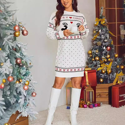Damen Weihnachtsstrickkleid mit verspieltem Rentier-Design und elegantem Rundhalsausschnitt Drune