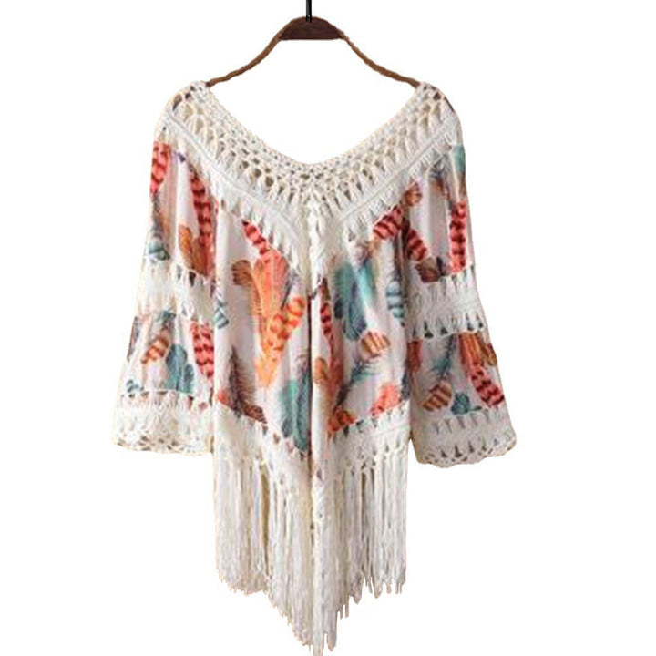 Damen lässiger Strandponcho mit fransigen Details und trendigem Muster Drune
