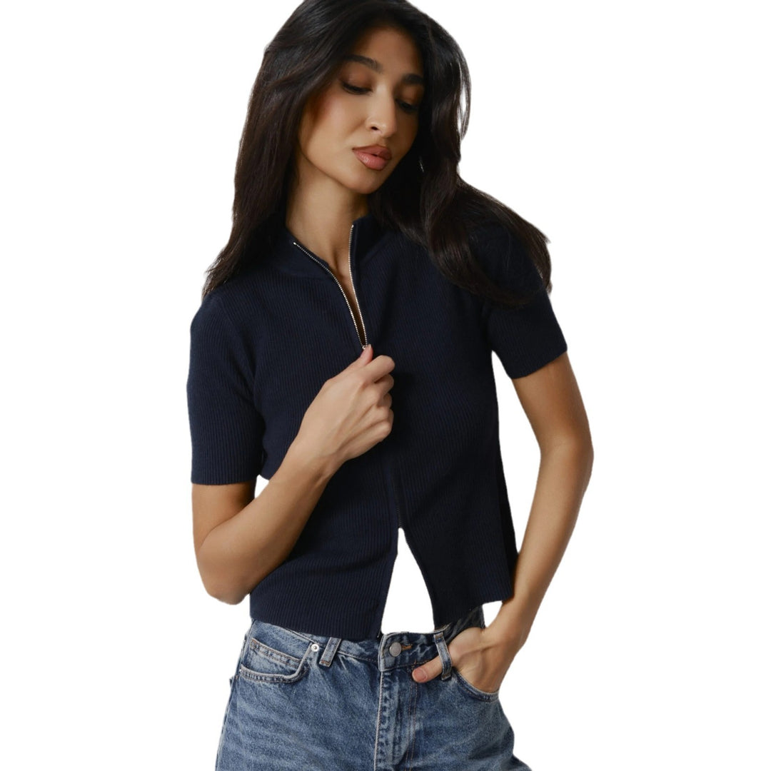 Damen Kurzärmliger Strickpullover mit modernem Reißverschluss Drune