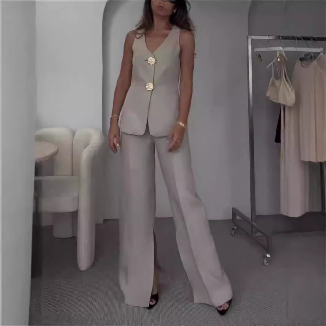 Damen Elegantes Zweiteiliges Set mit V-Ausschnitt und dekorativen Knöpfen Drune