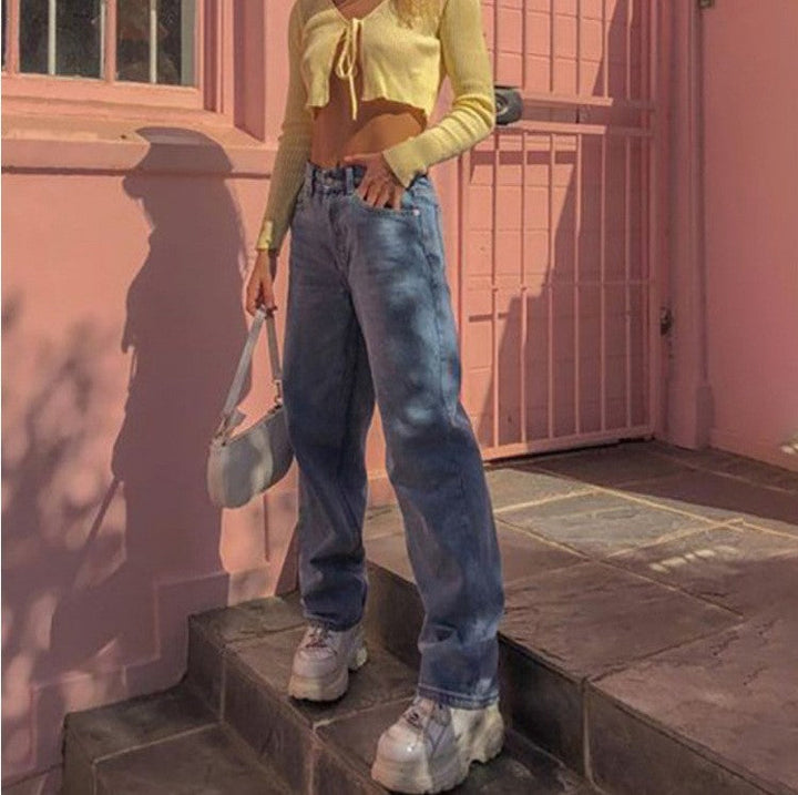 Drune | Damen Retro Inspirierte Weite Beinform Denim Blaue Jeans
