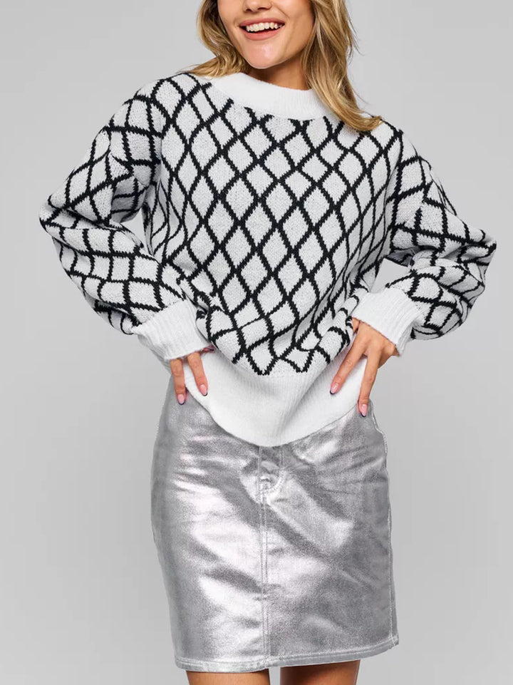 Damen gestrickter Pullover mit modernem Rautenmuster und innovativem Schnitt Drune