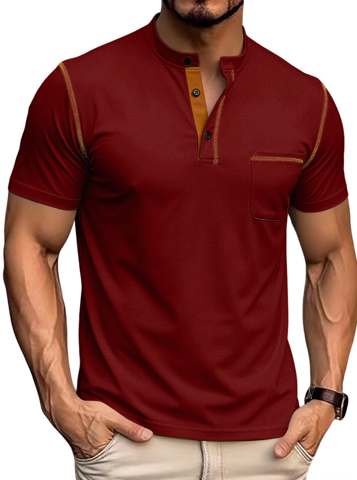 Herren nan kurzärmeliges Henley-Shirt mit Stehkragen, Brusttasche und kontrastierenden Ziernähten Drune