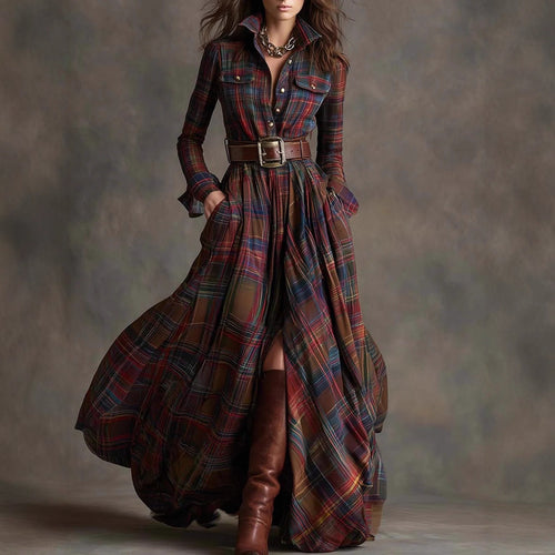 Damen nan karierte Maxikleid Hemdblusenkleid mit ausgestelltem Rock und breitem Taillengürtel Drune