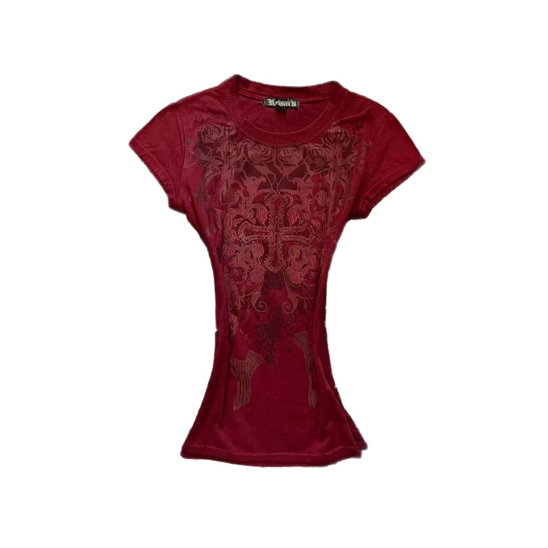 Damen T-Shirt mit aufwendig gestaltetem floralem Druck und Glitzerakzenten Drune