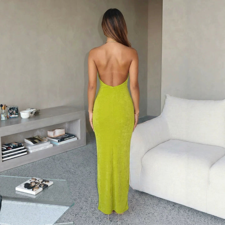 Damen Maxikleid mit hohem V-Ausschnitt und fließendem Stoff Drune
