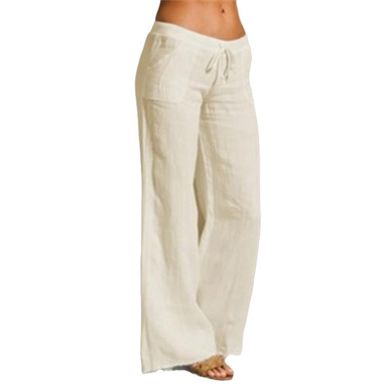 Damen weite Leinenhose mit hochgezogenem Bund und seitlichen Taschen Drune
