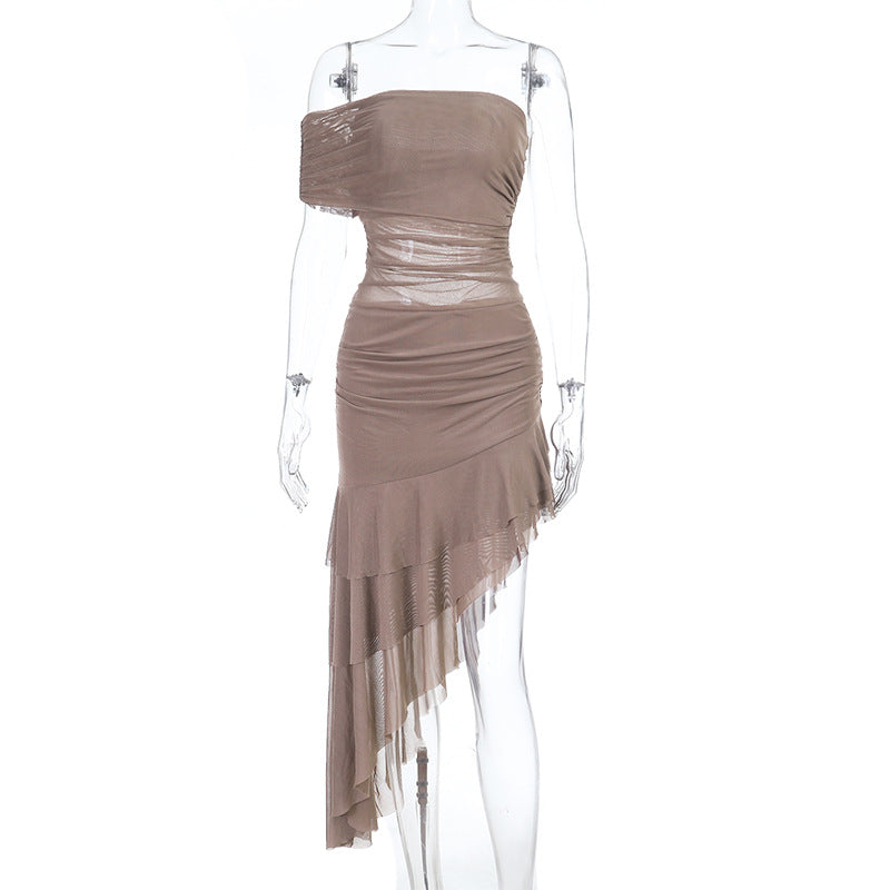 Damen schulterfreies Wickelkleid mit asymmetrischem Saum und Rüschendetails Drune