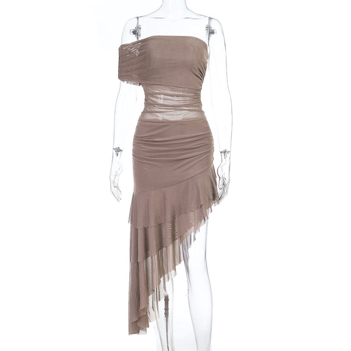 Damen schulterfreies Wickelkleid mit asymmetrischem Saum und Rüschendetails Drune