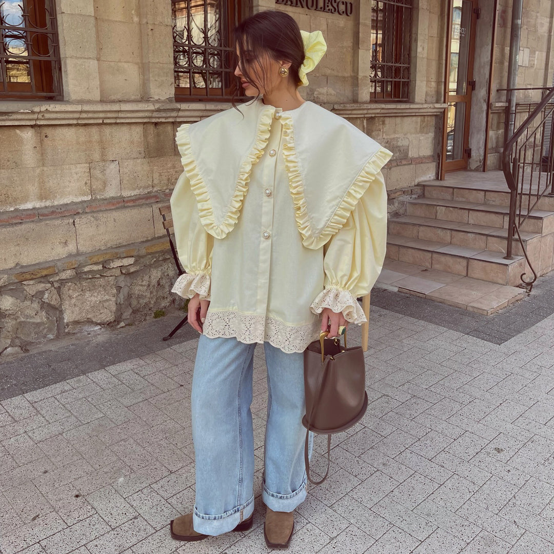 Damen Oversize Bluse mit Rüschendetails und Spitzenbesatz Drune