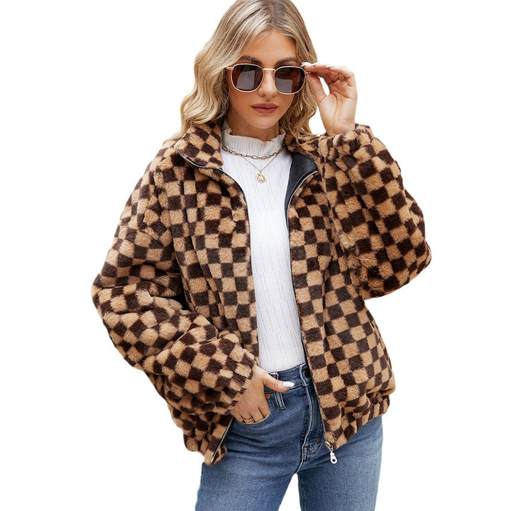 Damen Plüschjacke mit Karomuster und hohem Kragen Drune