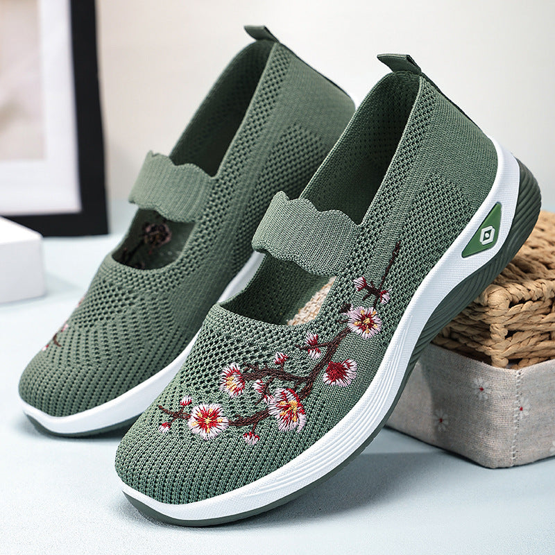 Damen nan bestickter Komfort-Ballerina mit elastischem Mary-Jane-Riemen, atmungsaktivem Strickoberteil und stoßdämpfender EVA-Keilsohle Drune