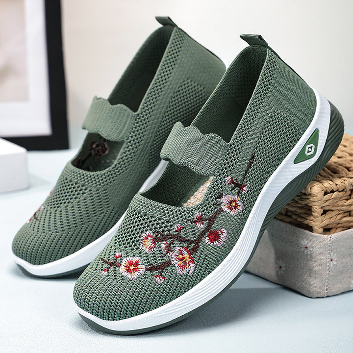 Damen nan bestickter Komfort-Ballerina mit elastischem Mary-Jane-Riemen, atmungsaktivem Strickoberteil und stoßdämpfender EVA-Keilsohle Drune