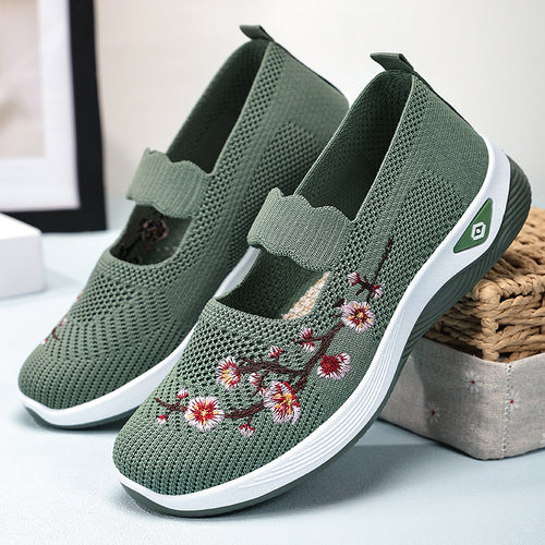 Damen nan bestickter Komfort-Ballerina mit elastischem Mary-Jane-Riemen, atmungsaktivem Strickoberteil und stoßdämpfender EVA-Keilsohle Drune