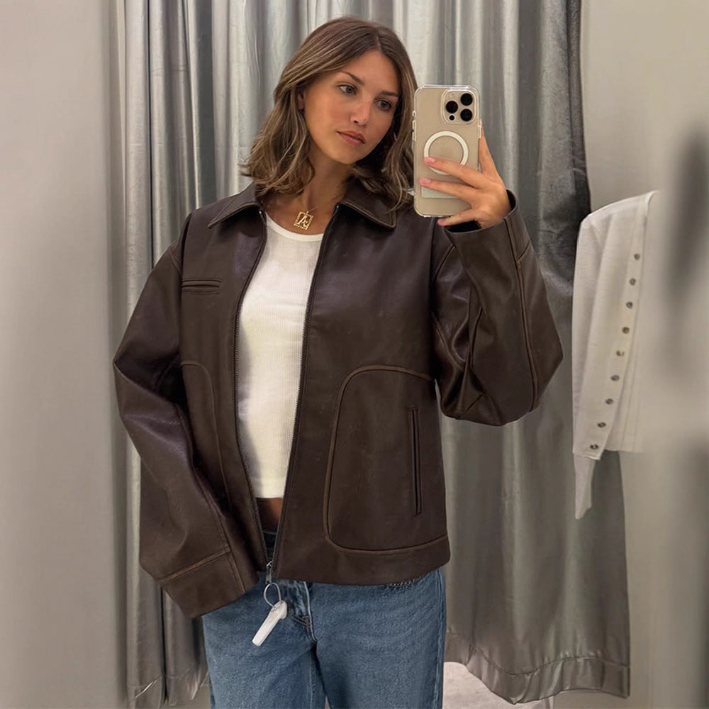 Damen modische Kunstlederjacke mit praktischen Eingrifftaschen und stylishen Details Drune