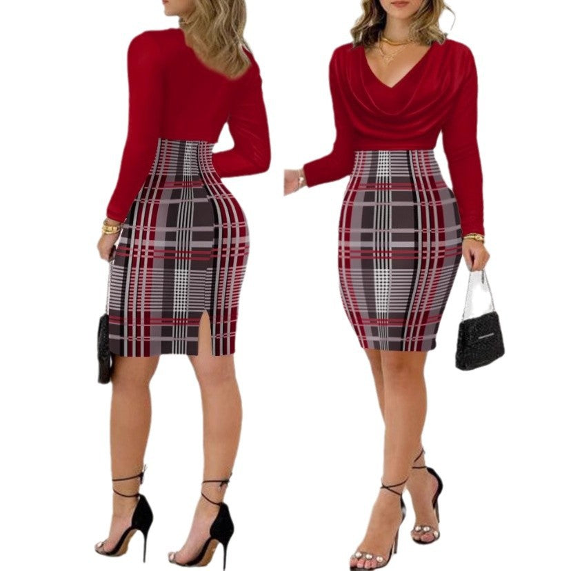 Damen Figurbetontes Kleid mit asymmetrischem Schnitt und Karomuster Drune