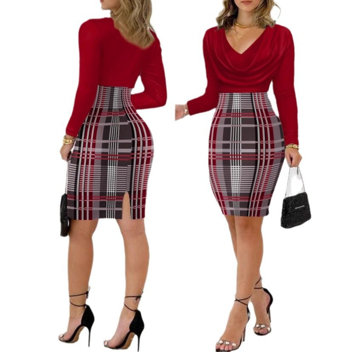 Damen Figurbetontes Kleid mit asymmetrischem Schnitt und Karomuster Drune