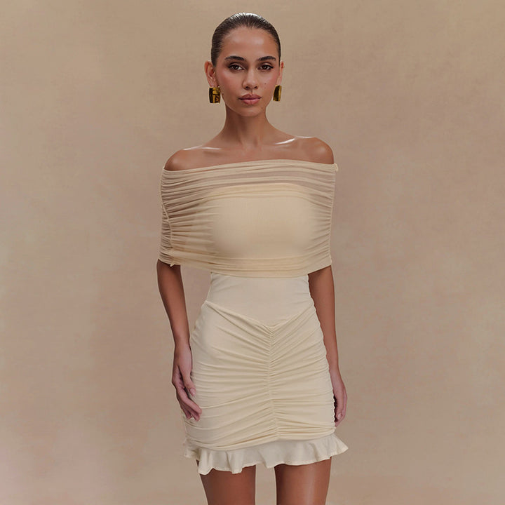 Damen verführerisches Bodycon-Kleid mit schulterfreiem Design und Raffungen Drune