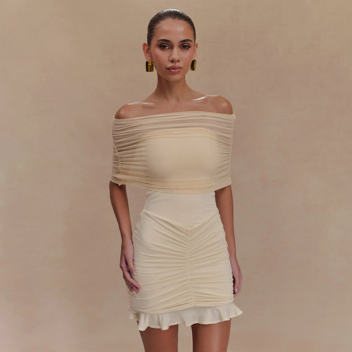 Damen verführerisches Bodycon-Kleid mit schulterfreiem Design und Raffungen Drune