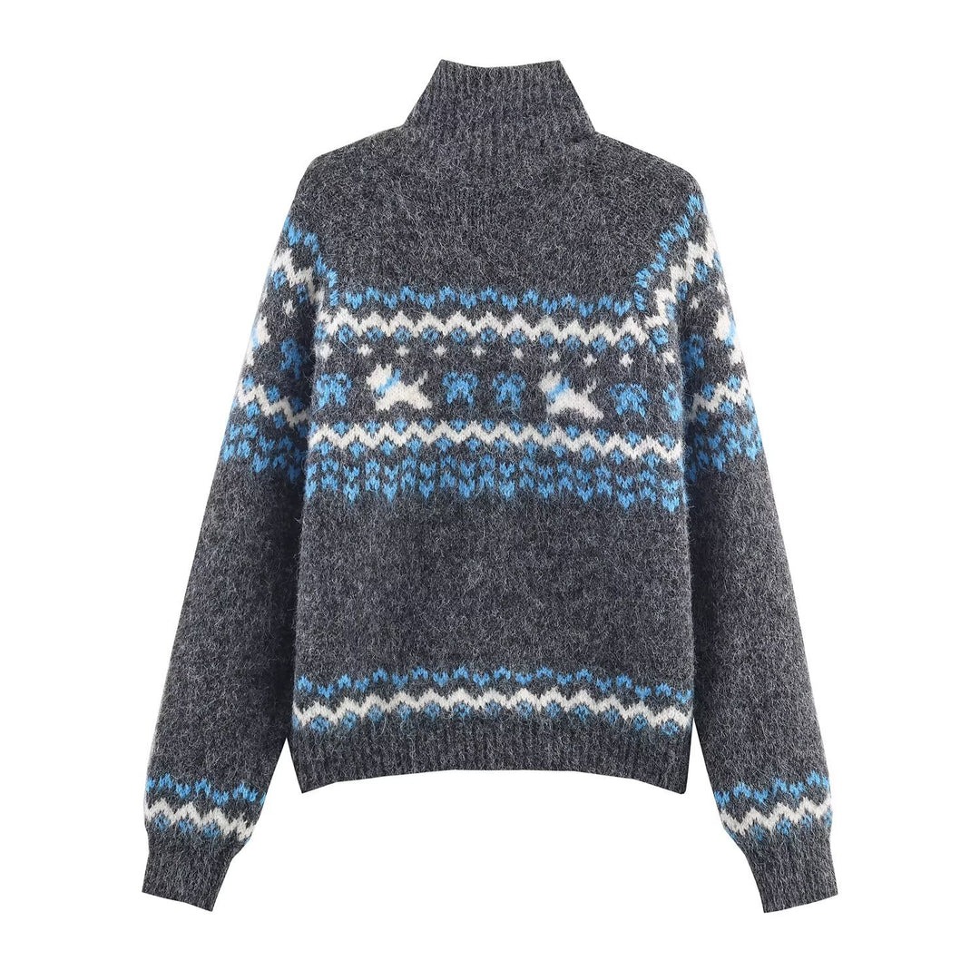 Damen Strickjacke mit Norwegermuster und hohem Kragen Drune