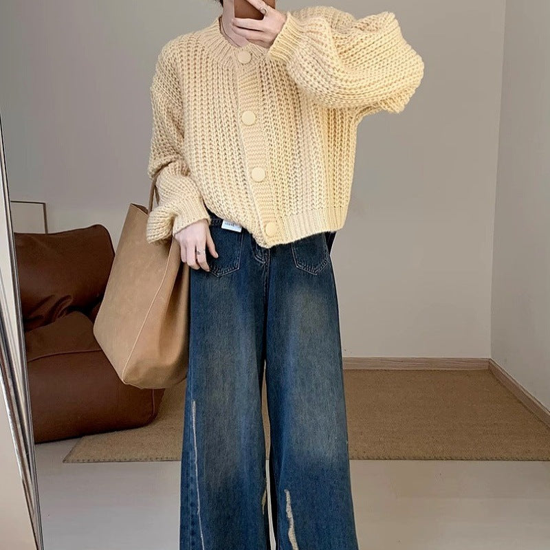 Damen Grobstrickjacke mit großen Knöpfen und lässigem Schnitt Drune