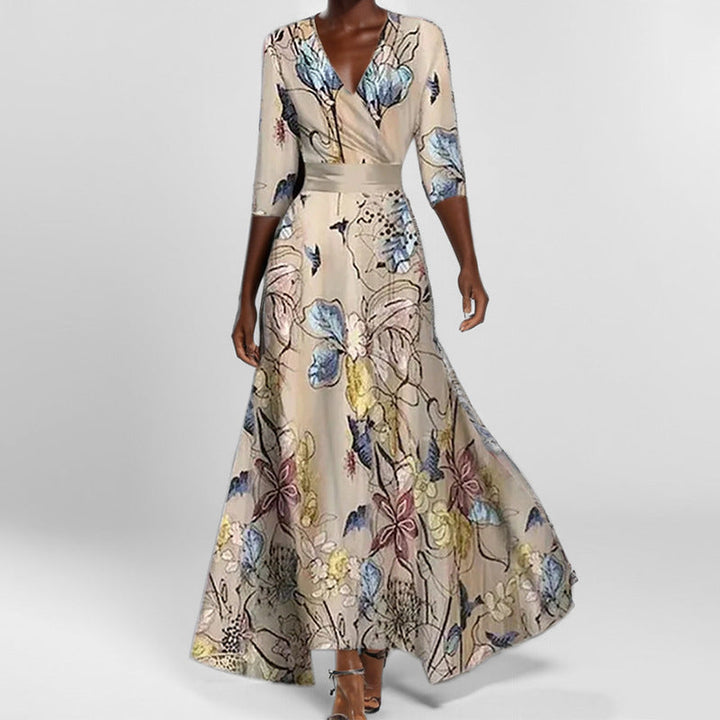 Drune | Elegantes V-Ausschnitt bedrucktes Taillenkleid mit Schößchen