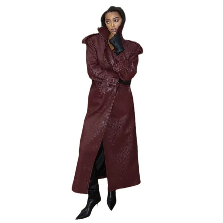 Damen Modische Kunstleder-Trenchjacke mit hohem Kragen Drune