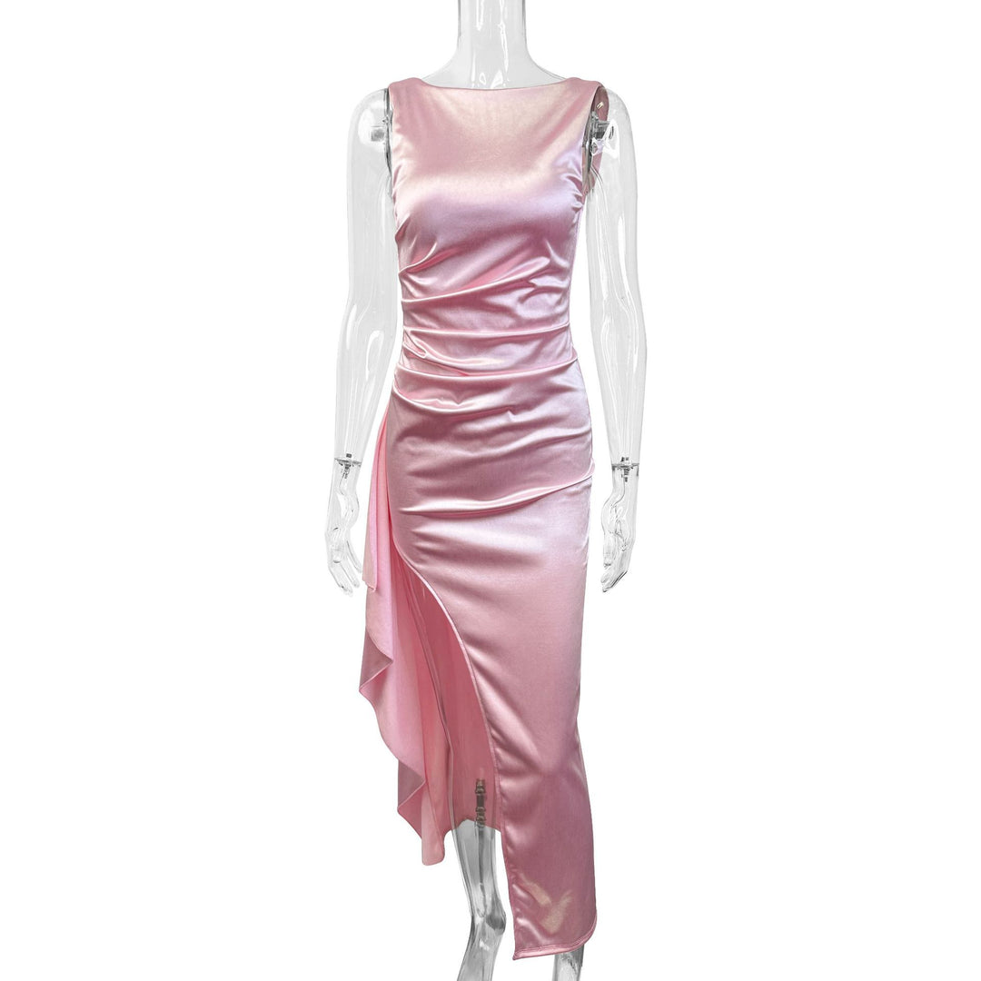 Damen Elegantes Satin Abendkleid mit asymmetrischem Saum und seitlichem Schlitz Drune