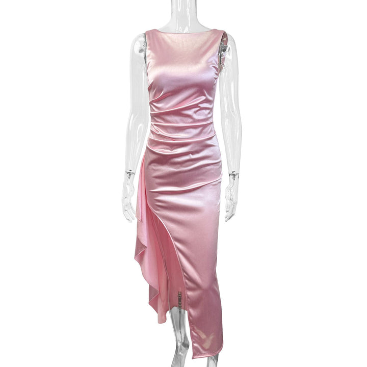Damen Elegantes Satin Abendkleid mit asymmetrischem Saum und seitlichem Schlitz Drune